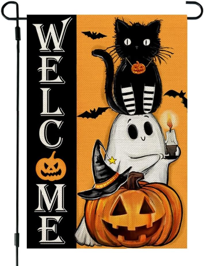 Flags - CROWNED BEAUTY Halloween Garden Flag 12x18 Inch Double Sided Small Burlap for Outside Pumpkin Ghost Cat Welcome Holiday Yard Decoration CF1086-12