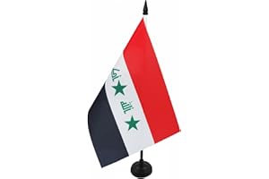Iraq Old Table Flag 5'' x 8'' - Iraqi Desk Flag 21 x 14 cm - Black plastic stick and base - Drapeau Irak Ancien 2004-2008 AZ 