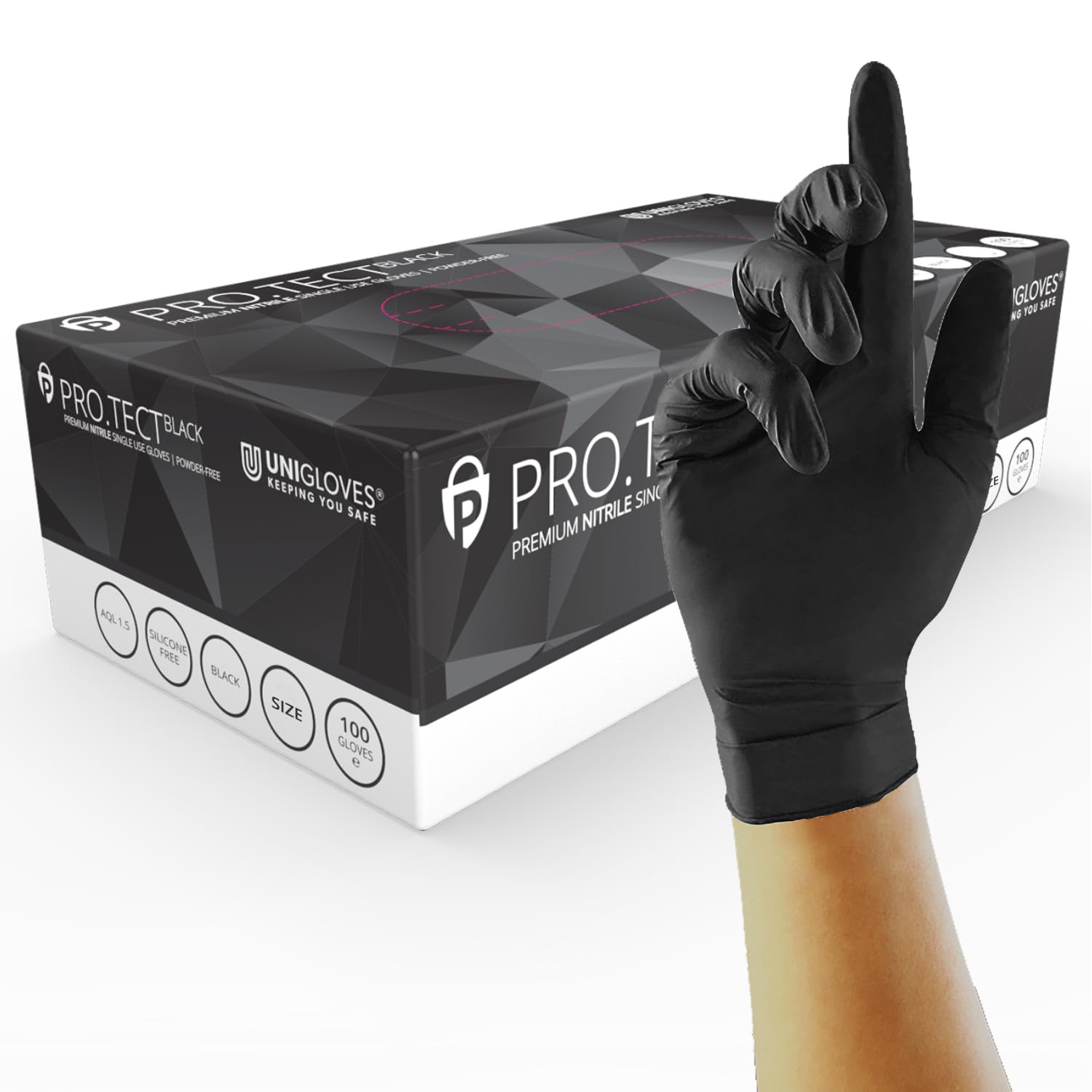 Unigloves PRO.TECT Black GA0043 Nitrile Single Use - Multipurpose, Powder Free Disposable Gloves, Box of 100 Gloves, Black, Medium