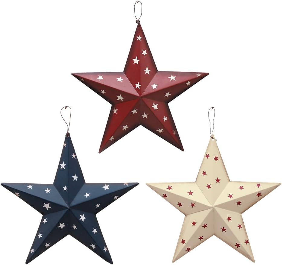American Barn Star, Metal Patriotic Old Glory Americana Flag Barn Star Wall Decor for July of 4th Independence Day (Set of 3)