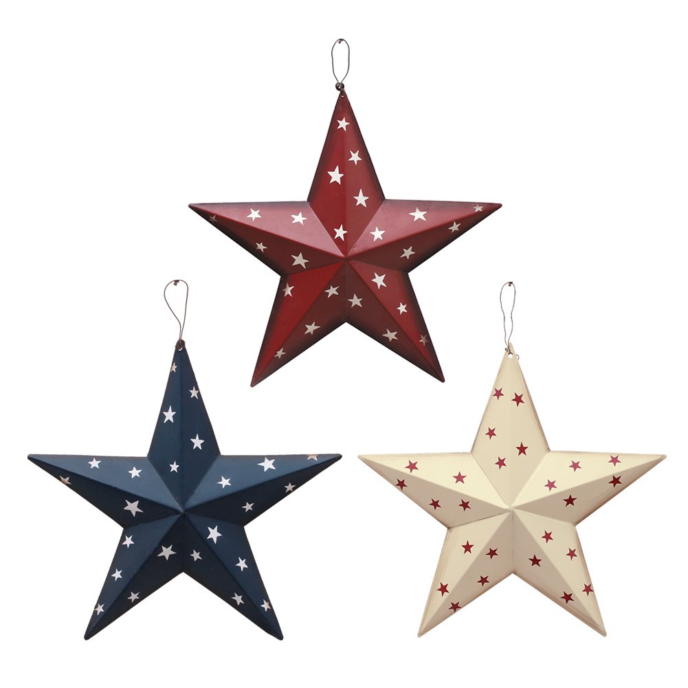Patriotic Metal Barn Star Wall Decor Set of 3, 12’’ Hanging Country Rustic Metal Star for July 4th Decoration (3 Pack)