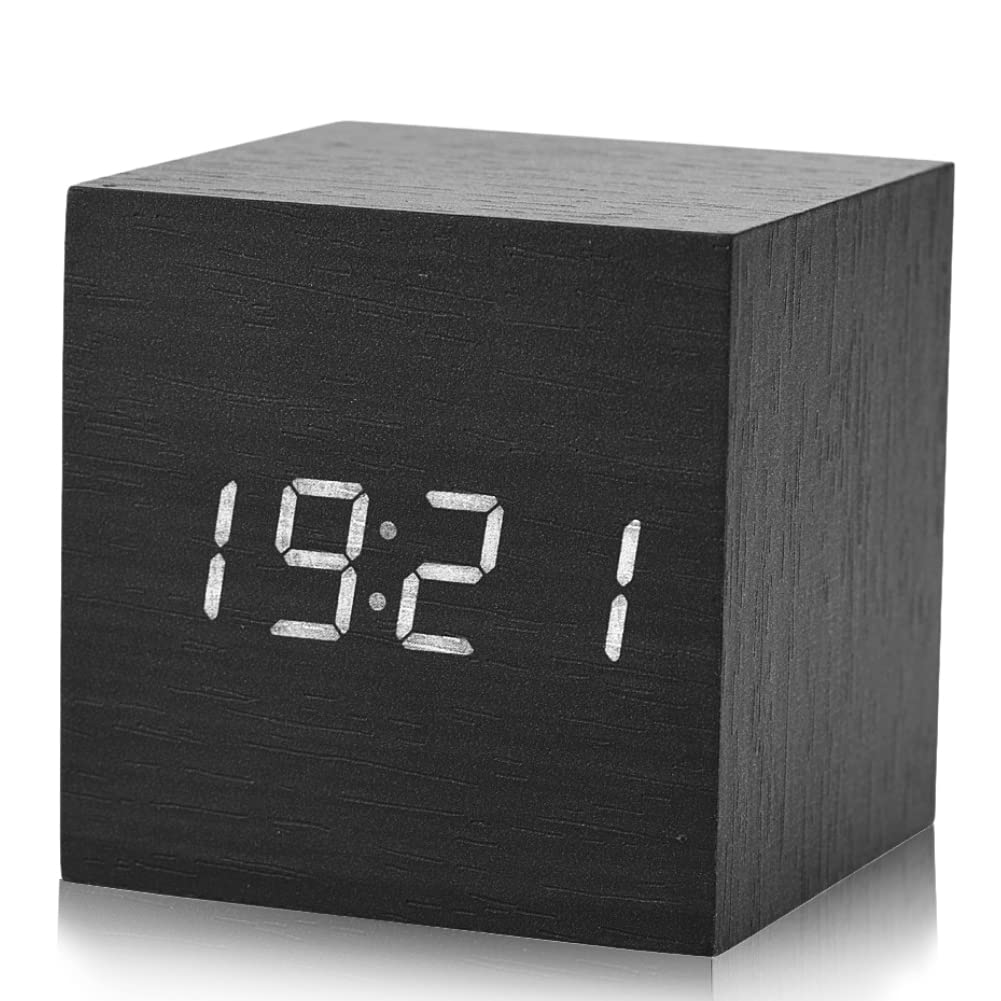 Sutinna Small Mini Modern Cube Desk Wood Alarm Clock,Wooden Electronic Digital Alarm Desk Clock Temperature LED Display Voice Control for Bedroom Kids Office Bedside