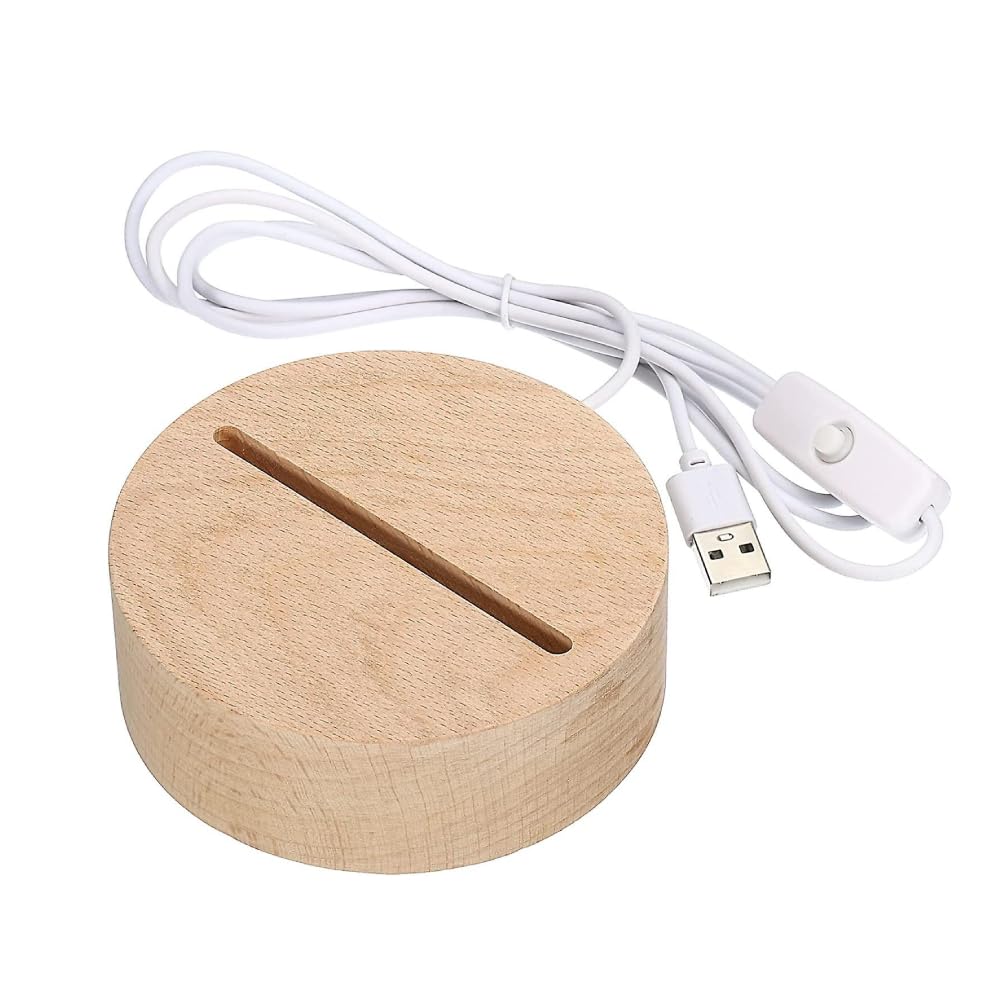 Generic Wooden Led Light Base for Acrylic Nightlight, Round Wooden Display Stand for Crystal Art, Warm White LED