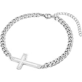 Ailetop Silver Cross Bracelet for Men Teens, Stainless Steel Cuban/Figaro Cross Chain Link Bracelet 5mm 7+2 Inches, Christian Religious Jesus Confirmation Jewelry Gifts for Him