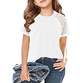 LNKQA Girls Short Sleeve T Shirts Summer Tops Kids Lace Pleated Tees 5-14 Years