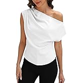 CUPSHE Women’s Tops Asymmetrical Off-Shoulder Shirt Sleeveless Ruching Satin Blouses Elegant Trendy Dressy