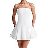 NADIA FRACA Women's Sexy Strapless Ruched Pleated Tube Mini Dress Y2K Sleeveless A Line Bodycon Short Dress