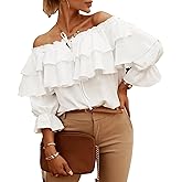 Women Off Shoulder Blouse Layered Ruffle Long Sleeve Ruched Bust Loose Pure Color Top for Lady (XXL) White