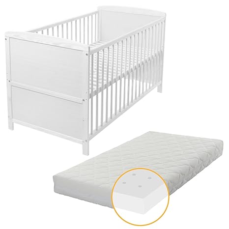 Baby- Kinder- und Jugend- Bett, Gitterbett, Kiefer teilmassiv, 140x70 cm, Babyblume TINA, weiss inkl. Matratze PLUS