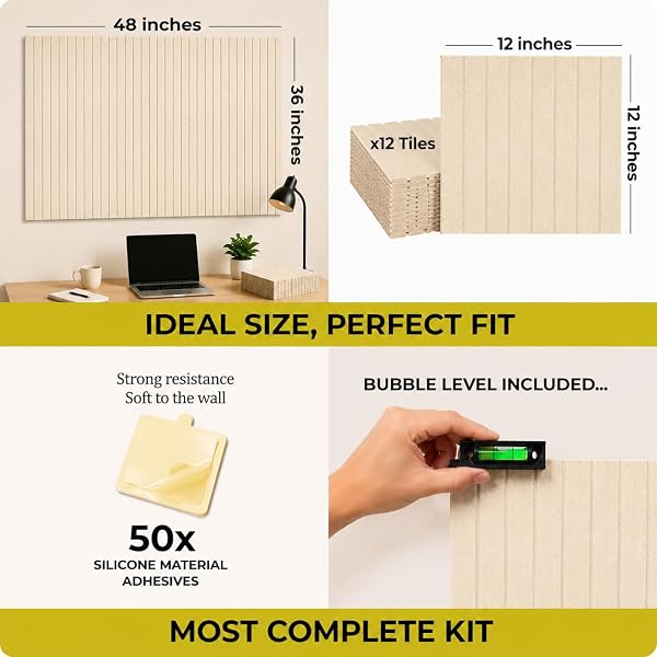 FELTIVA FELT BULLETIN BOARD TILES – 12X12 INCH CORK WALL PANELS, PACK OF 12, COVERS 36X48 INCHES, 50 ADHESIVE TABS AND BUBBLE LEVEL, POLYESTER MATERIAL – DESERT IVORY
