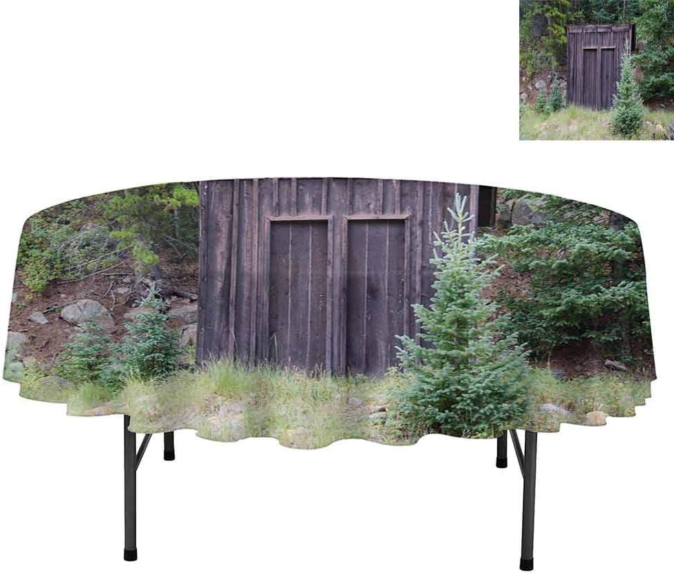 Aishare Store Waterproof Tablecloth, Farm Life House Wooden Door of Cottage Hut in Woodland L, Tablecloth for Home Kitchen Dining Room, Round 36", Dark Brown and Green