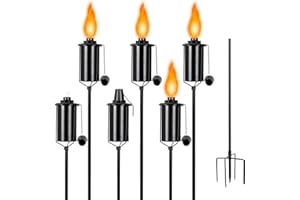 TaoTazon 6 Packs Metal Garden Torches for Outside, 16oz Outdoor Metal Torch, Citronella Torches Lighting with 4-Prong Grounded Stake for Garden Patio Pathway