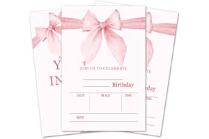 LETUROIA Bow Pink Birthday Invitation Cards, Birthday Party Invitations For Girls, Birthday Party Favors Decorations Supplies, Invitations With Envelopes Double-Sided 20 Cards -07