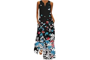 HUNENY Summer Dresses for Women 2024 Boho Floral Maxi Dress V Neck Sleeveless Vintage Ruffle Flowy Beach Dress with Pocket
