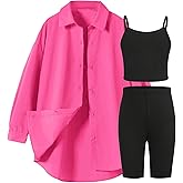 Ltvoo 3 Piece Girls Workout Athletic Leggings Yoga Pants Sleeveless Crop Tank Tops and Sun Protection Activewear for 7-14Y