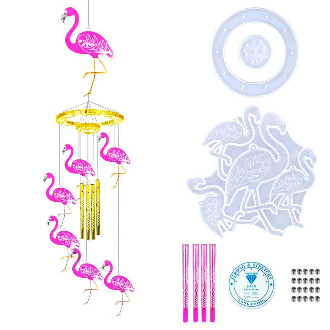 Koonafy 24PCS Outdoor Wind Chimes Resin Casting Mold Flamingo Wind Chimes Silicone Mold Kits with Fishing Line Epoxy Mould for DIY Making Craf Home Decoration Gift (Flamingo Wind Chimes Molds)