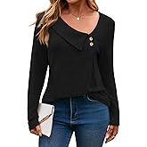 Yousify Womens Asymmetric V Neck Shirts Long Sleeve Fall Dressy Casual Button Down Tunic Tops Business Loose Fit Blouses