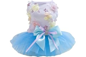 Izefia Dog Dress Puppy Skirt Dog Princess Dresses Tutu Flower and Sequin Dot Wedding Lace Dress Luxury Bow Dog Dresses for Small Dogs Girl Cat (XS, Blue)