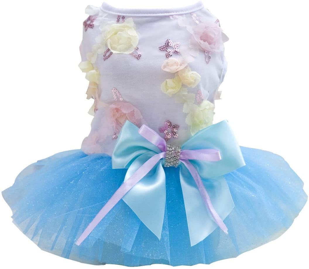 Dog Dresses for Small Dogs Puppy Skirt Princess Tutu Flower Sequin Dot Wedding Lace Luxury Bow Dresses for Small Dogs Girls Cats M Blue