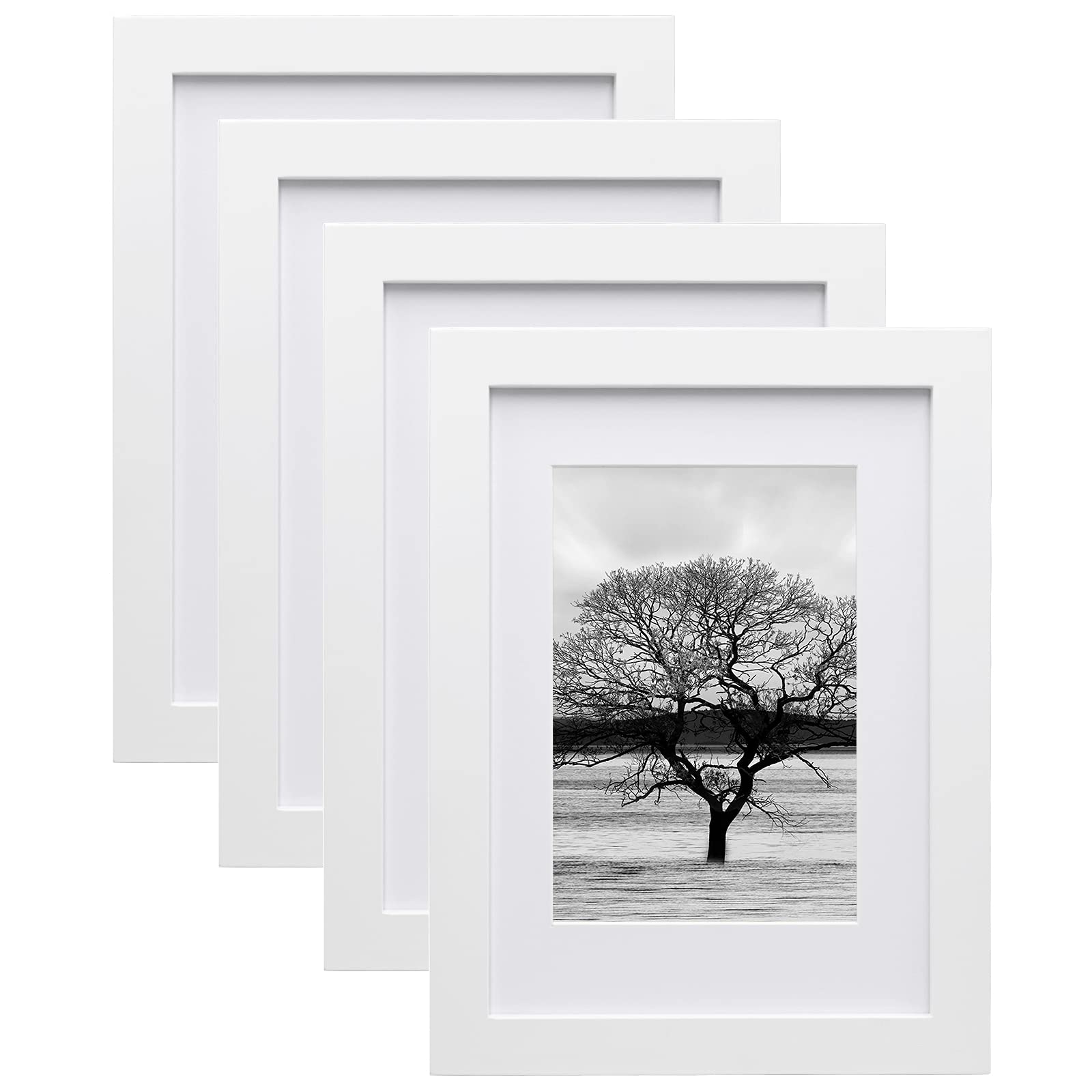 A5 Frame,A5 Picture Frame 100% Solid Wood Matted for 6x4, A5 Photo Frame with Acrylic,14.8x21cm Picture Frame for Tabletop and Wall Mounting, Certificate Frame for Portrait, Set of 4, White