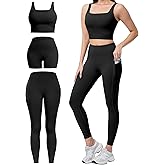 SALSPOR 3 Piece Workout Sets for Women High Waisted Leggings with Pockets Tummy Control Biker Shorts Yoga Sports Bra