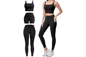 SALSPOR 3 Piece Workout Sets for Women High Waisted Leggings with Pockets Tummy Control Biker Shorts Yoga Sports Bra