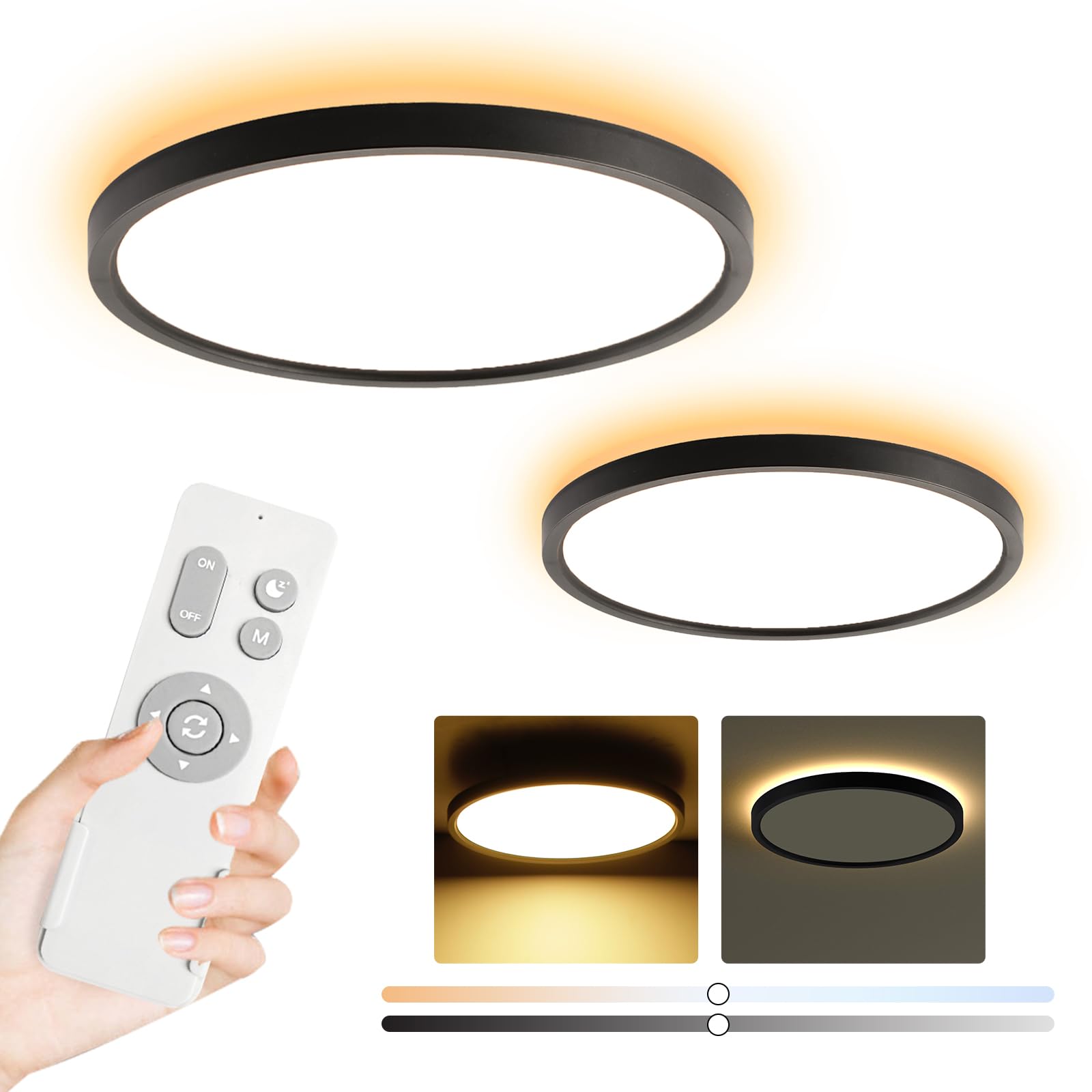 Photo 1 of Roomratv Black Ceiling Light Fixture 2 Pack with Remote Control, 3000K Warm Nightlight, 12inch 24W Flush Mount Light, 3 Color Changeable, Brightness(10% to 100%) Adjustable
