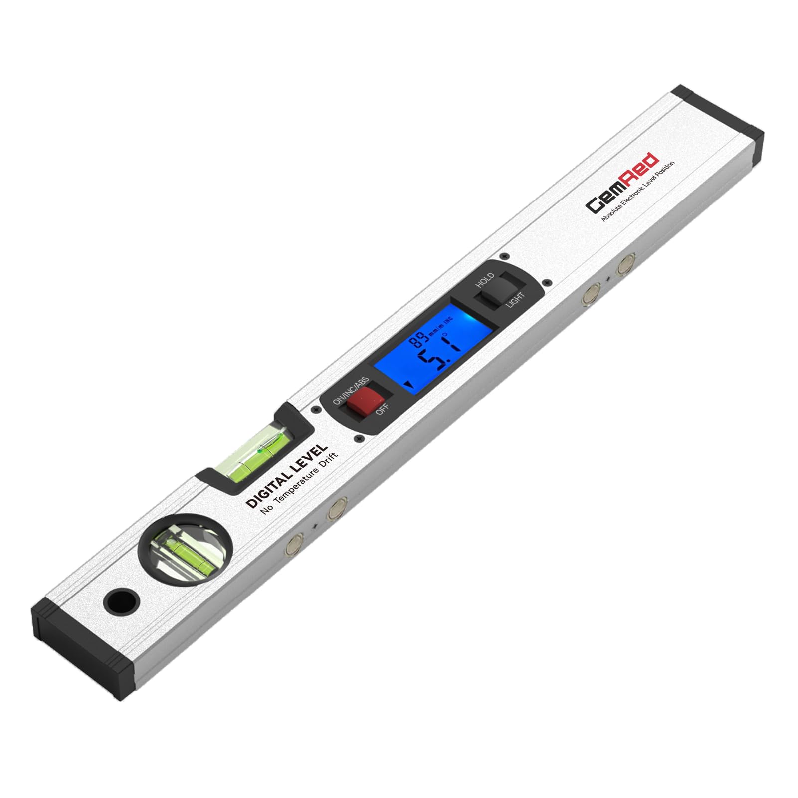 GemRed Angle Finder Digital Protractor with Backlit LCD Large Display, Aluminium Alloy Angle Ruler with Spirit Levels and Magnetic Base, Reversible Display & Freeze Function, 16 inch/41cm (Silver)
