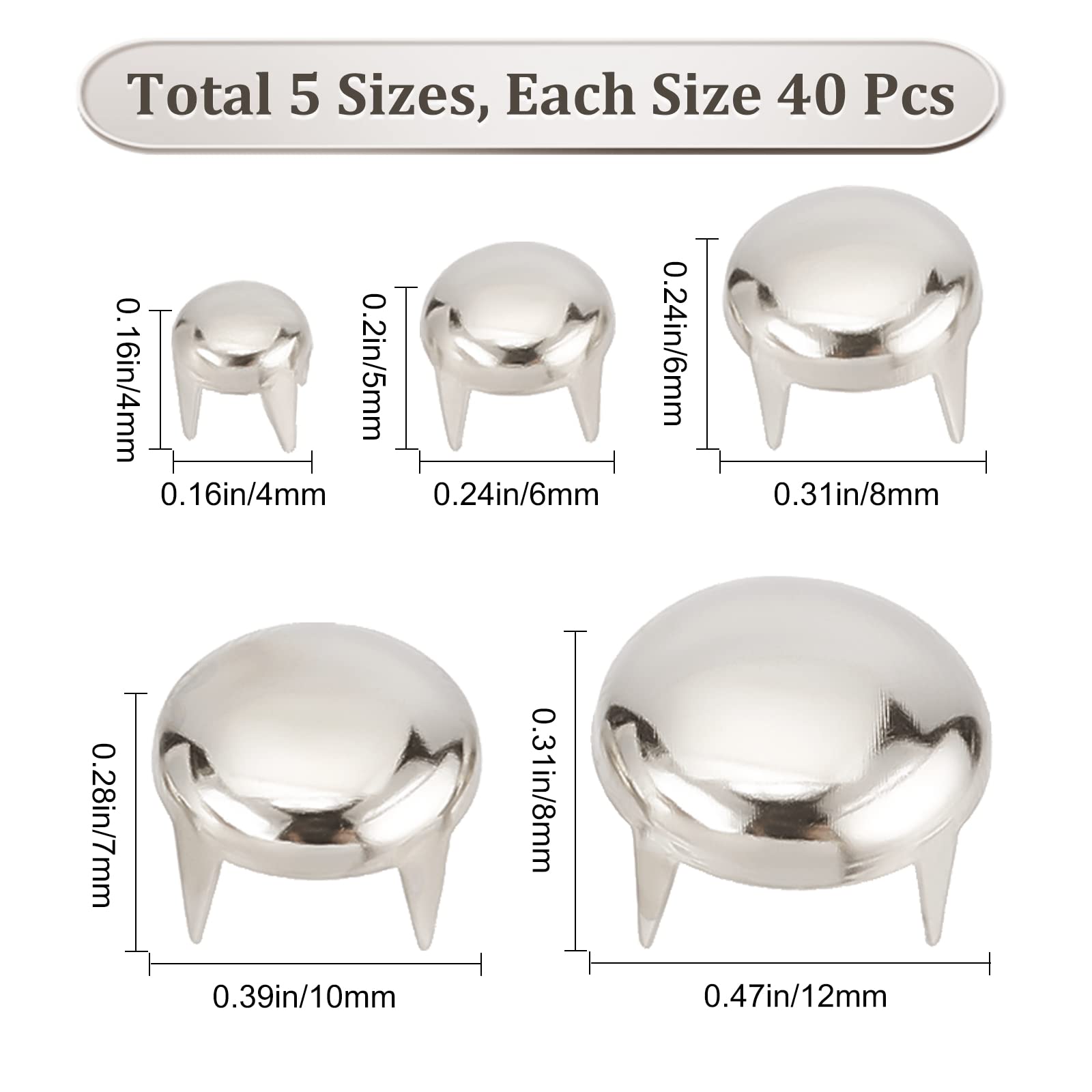 GORGECRAFT 5 Sizes 200Pcs Claw Rivet Nailheads Spots Stud Round Dome Studs Metal Mushroom Head Spike Prong Nail for DIY Leather Craft Fabric Clothes Denim Stylish Assorted Photo Repair(Sliver)