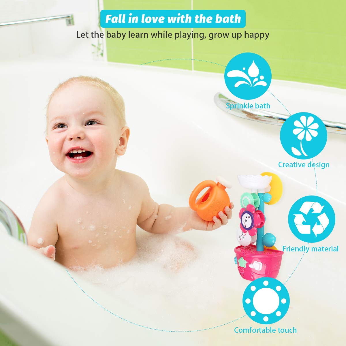Bath Toys Toddlers Bathtub Toy Flower Bath Toy for Babies Kids 1 2 3 Year Old Girls Boys Bath Wall Toy 1 Mini Sprinkler 2 Toys Cups Fill Flow and Spin with Strong Suction Cups Color Box Gift Ideal