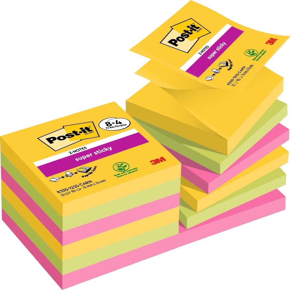 Post-it Super Sticky Z-Notes, 1080 Sheets, Value Pack of 8 + 4 Free Pads, 76 mm x 76 mm - Holds Strong to Many Surfaces - Bright Colours - for Walls, Monitors and Fridge, Recycable