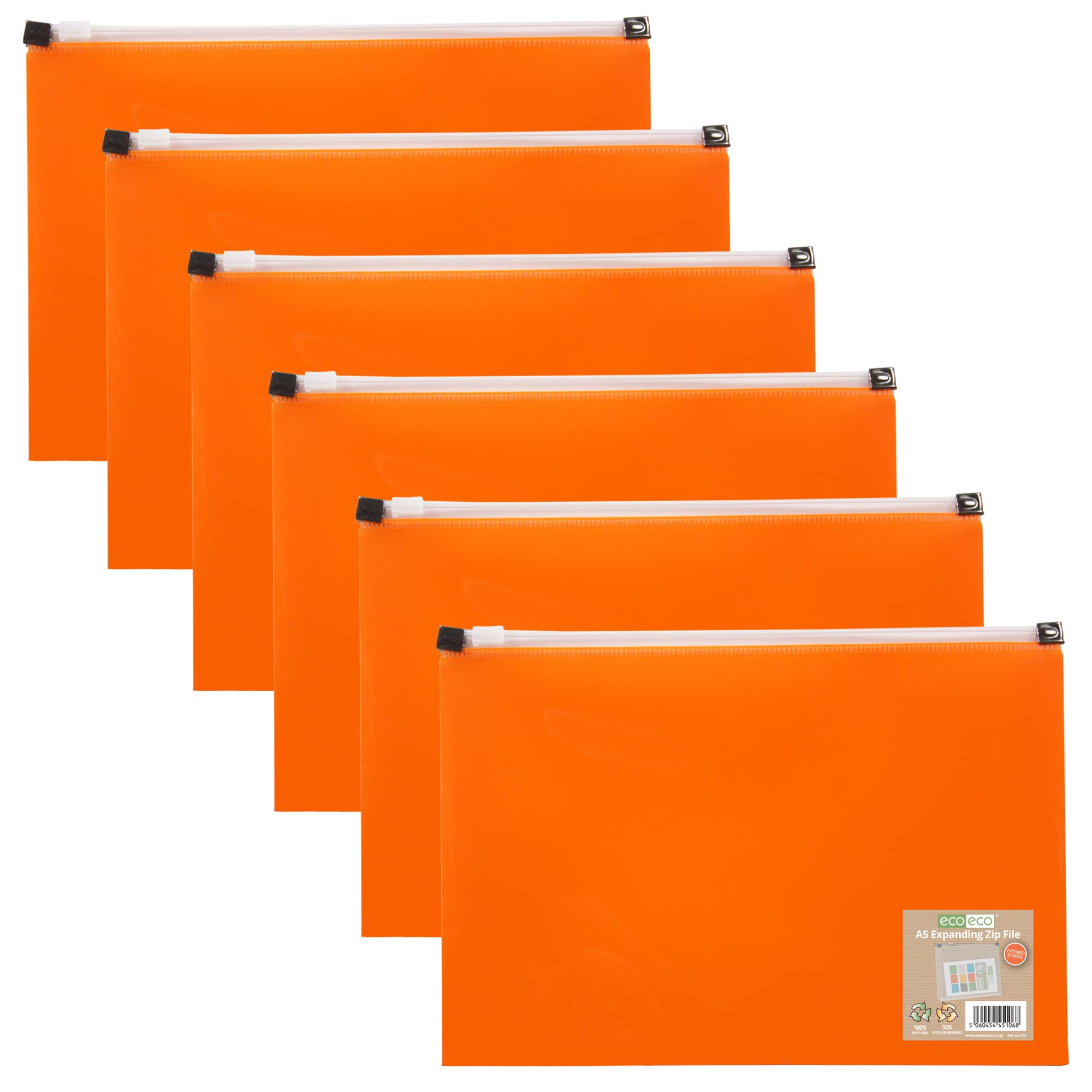eco-eco A5 50% Recycled Expanding Zipper Expanding File Wallet,Orange, (Pack of 6),eco106x6ORANGE