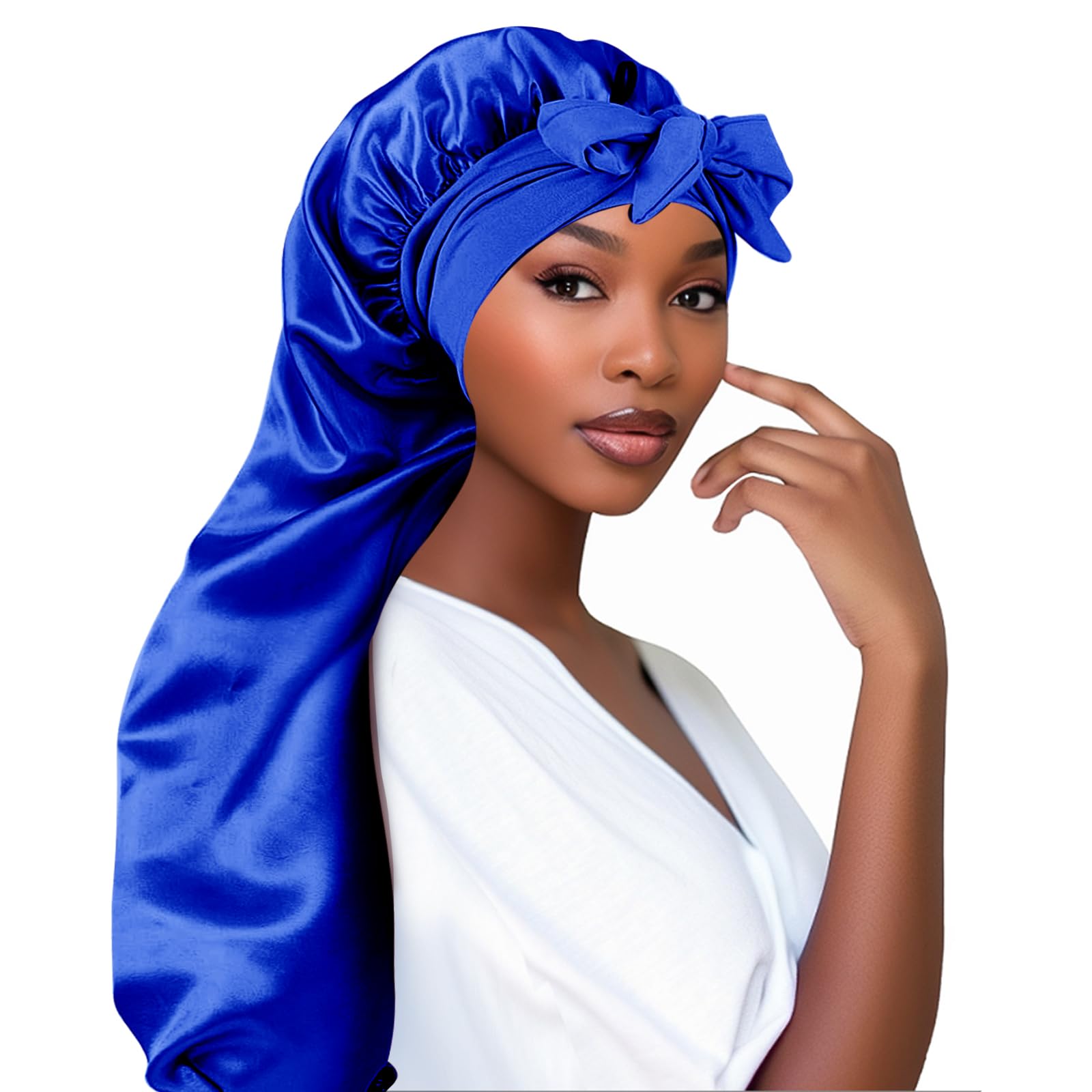 Adorila Extra Long Satin Bonnet for Women, Adjustable Braid Bonnet with Tie Band, Double Layer Elastic Silk Bonnet for Braids Hair Sleeping Cap (Blue)