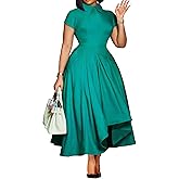 Seltaon Women Elegant Semi Formal Midi Dresses Short Sleeve A Line Church Cocktail Party Dress Plus Size