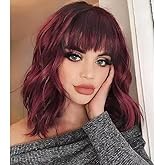 NOBLE Synthetic Ombre Burgundy Wig Short Wavy Wigs With Air Bangs Shoulder Length Wig For Women Curly Wavy Heat Resistant Synthetic Colorful BOB Wigs