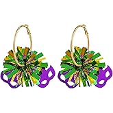 Dreuyet Colorful Mardi Gras Earrings for Women Glitter Carnival Theme Mask Feather Earrings Shiny Big Ball Fireworks Hoop Earrings Charm Fleur De Lis Dangle Earrings Gifts