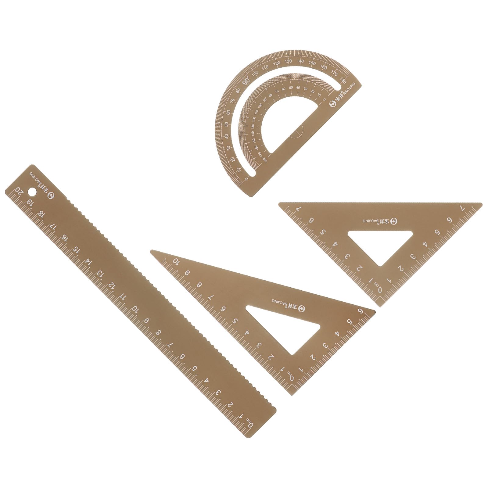 Kozelo 4pcs Geometry Set - [20cm Ruler] Aluminum Alloy Precise Measurement Laser Engraving Math Set Brown for Office Classroom Use, 180 Degree Protractor 7cm Triangle 10cm Triangle