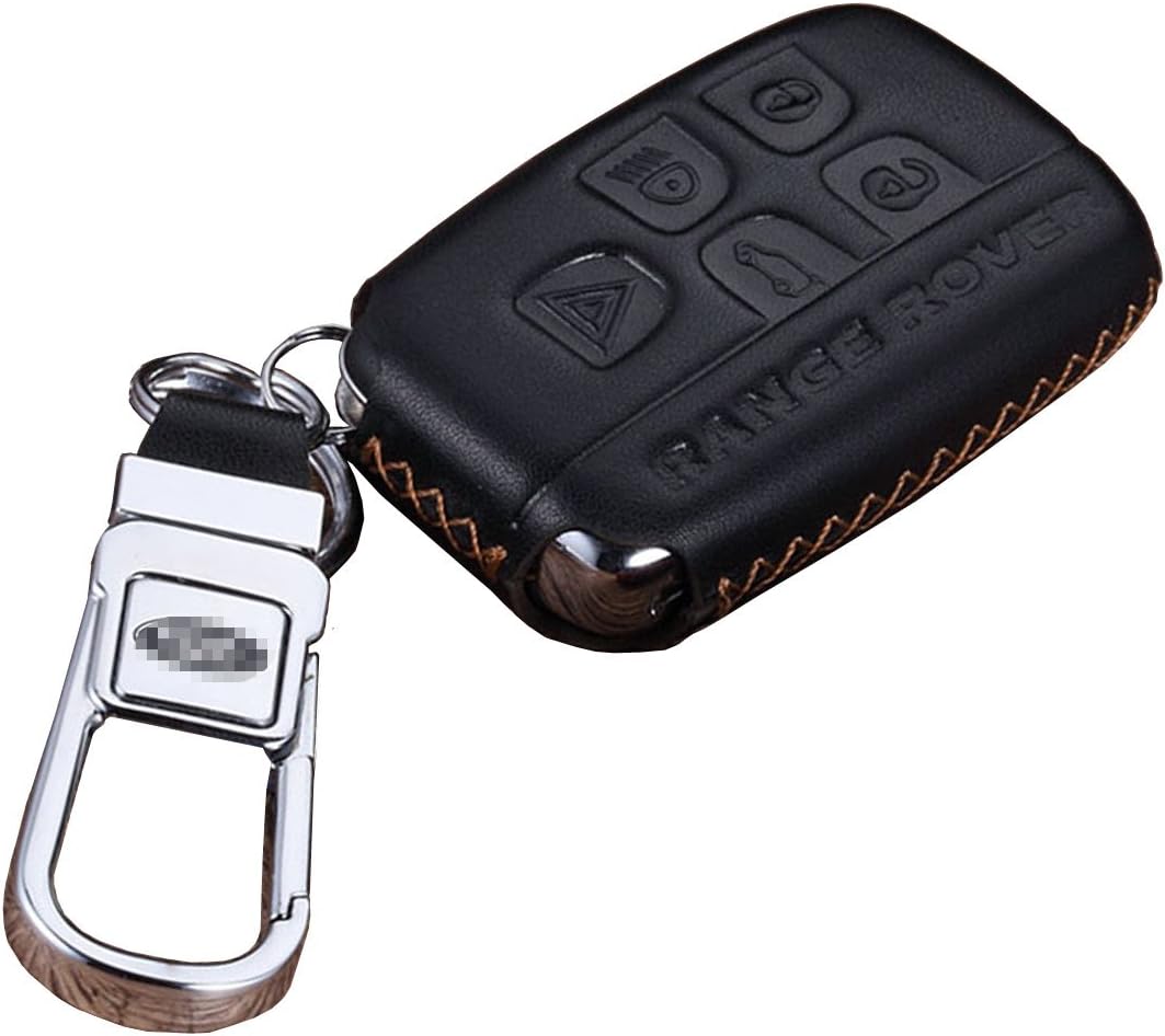 KMT Calfskin Genuine Leather Car Remote Key Fob Case Holder Cover Shell fit Land Rover/Discovery 4/lr4/Range Rover/Evoque Smart Key (Pack of 1) Black+Gold Stitching
