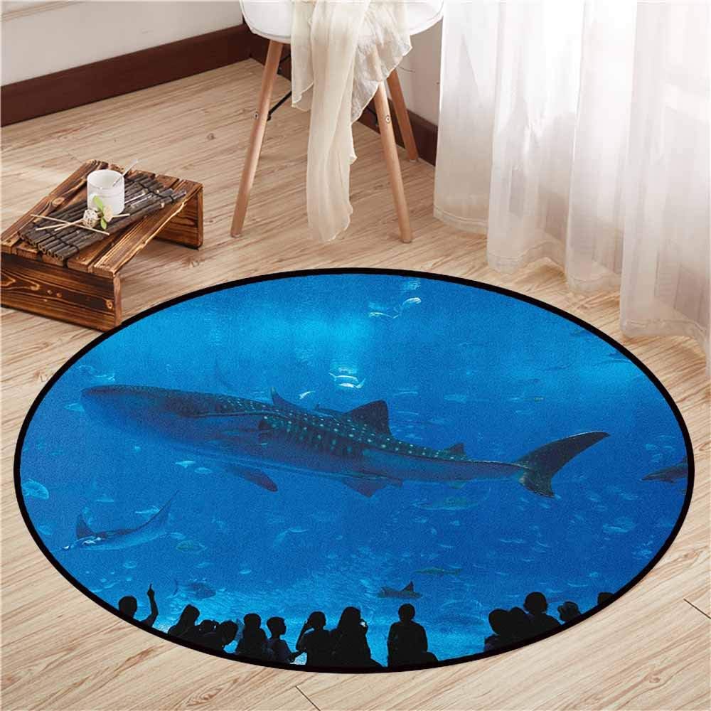 Living Room Area Round Rugs,Shark,Japanese Aquarium Park with People Silhouettes Watching Underwater Life Hobby Image,Children Bedroom Rugs,3'3" Blue Black
