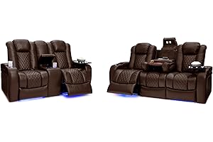 Seatcraft Euphoria Heat & Massage Sofa w/Fold-Down Table & Loveseat w/Storage Console, Italian Leather, Living Room, Powered Headrest, Powered Lumbar, Powered Recline, Brown
