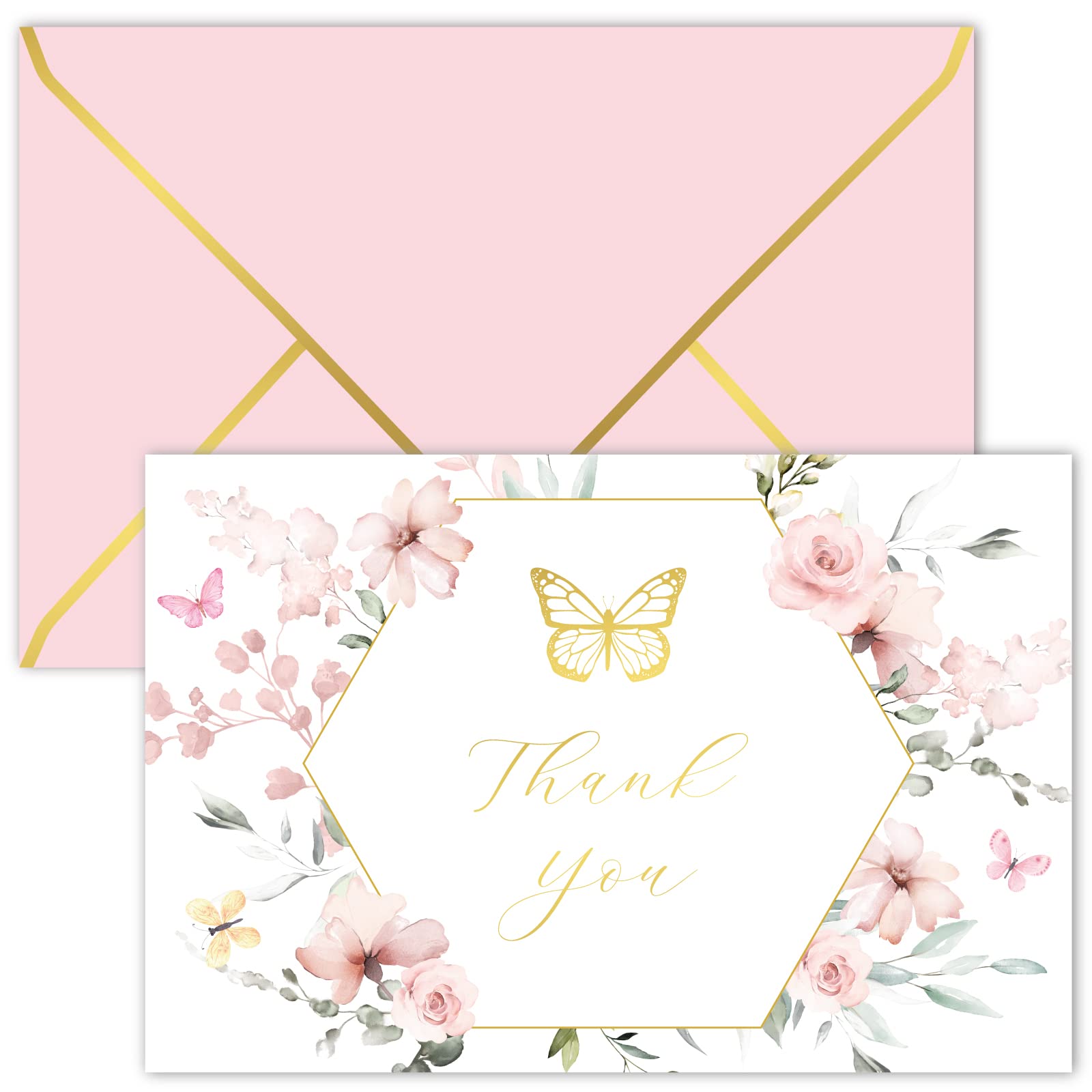Gooji 4x6 Butterfly Dream Floral Thank You Cards with Envelopes (Bulk 20-Pack) Baby Shower, Bridal Shower, Wedding, Greeting, Blank Notes Box Assorted Stationary Pink Flowers