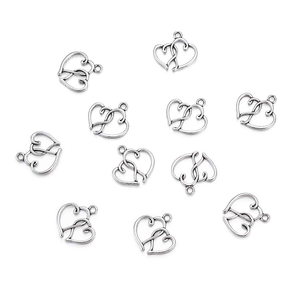 Craftdady20Pcs Antique Silver Hollow Double Heart Pendants 20x19mm Tibetan Metal Love Heart Dangle Charms with 2mm Loop for Jewelry Making