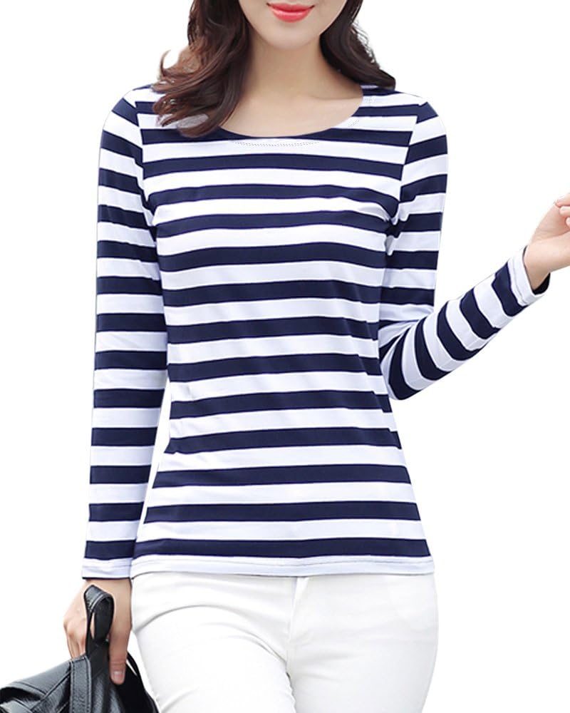 Achenaggg Gootuch Blue and White Striped Women Fashion Sailor's Striped Shirt Leisure Long Sleeve Rayon Casual Loose Shirt (Blue, XL)