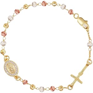 Women's Catholic Rosary Cross Bracelet - 14K Gold Plated Virgin Mary Rosarios Catolicos Crucifix Charm Bracelets for Women, D
