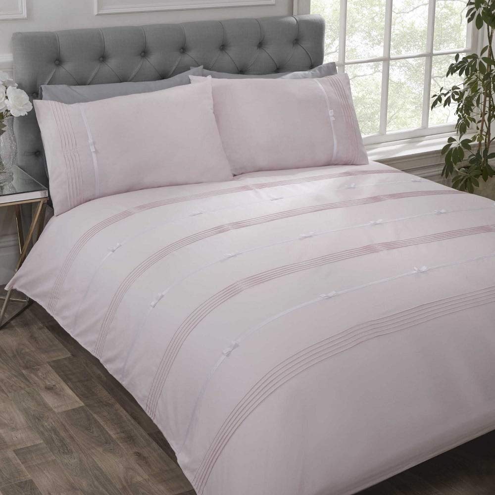 Rapport Home Contemporary Superking Quilt Cover Set with Elegant Blush Pink Ribbon and Bows Embroidery — image 1