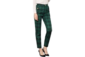 Allegra K Women's Vintage Tartan Plaid Pants Elastic Waist Straight Long Trousers