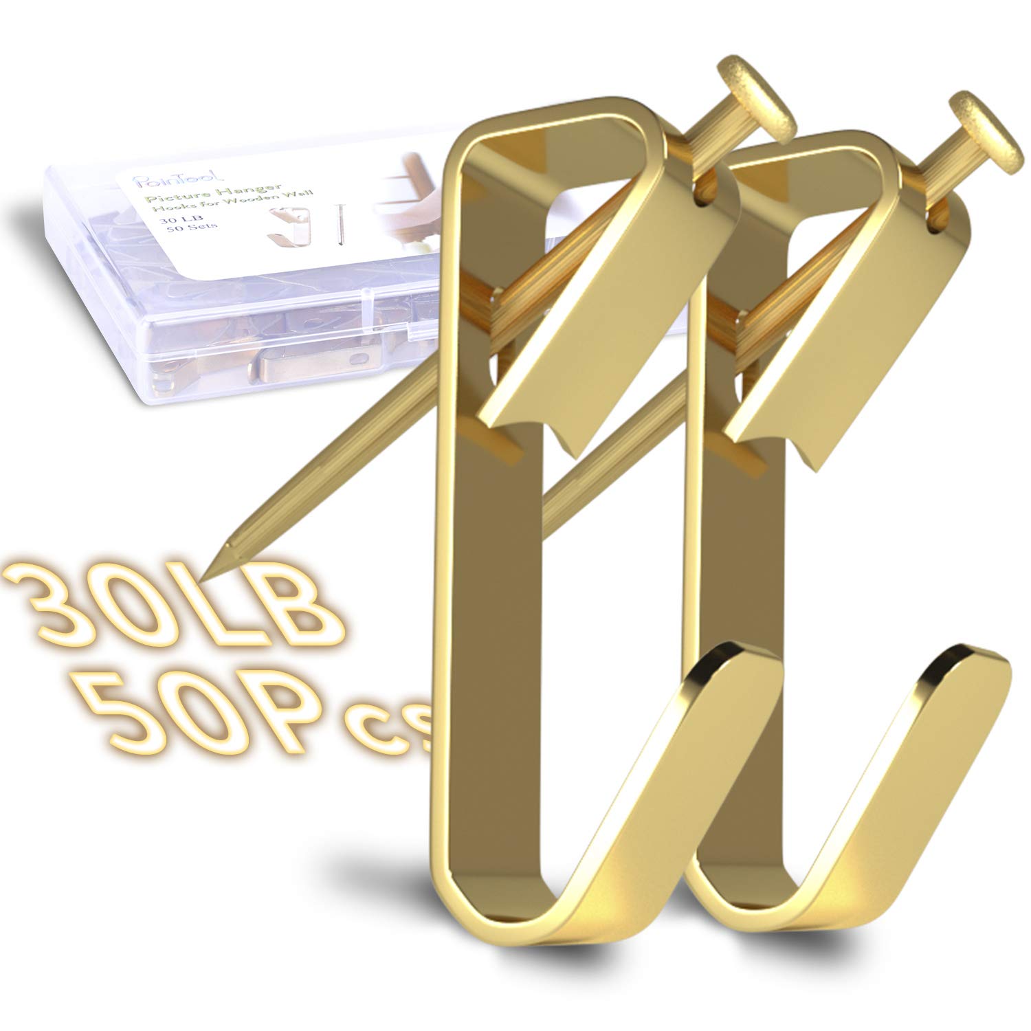 Pointool Picture Hangers Hanging Hooks-30lbs(13.6kg) Picture Frame Hooks Large Heavy Duty Picture Hooks Kit with Nails for Wall Drywall 50PCS,Gold
