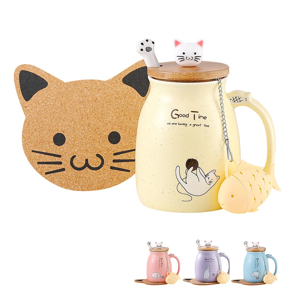 BigNoseDeer Tea Cup With Infuser and Lid Ceramic Coffee Mug Kawaii Cat Mug Cute Mugs Tea Mug Cute Cool Preppy Stuff Cat Gifts Birthday Gifts Cute Gifts for Women Girls(13oz)