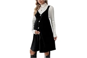 OYOANGLE Women's Maternity Button Front Sleeveless Dress V Neck Straight Pinafore Overall Dresses