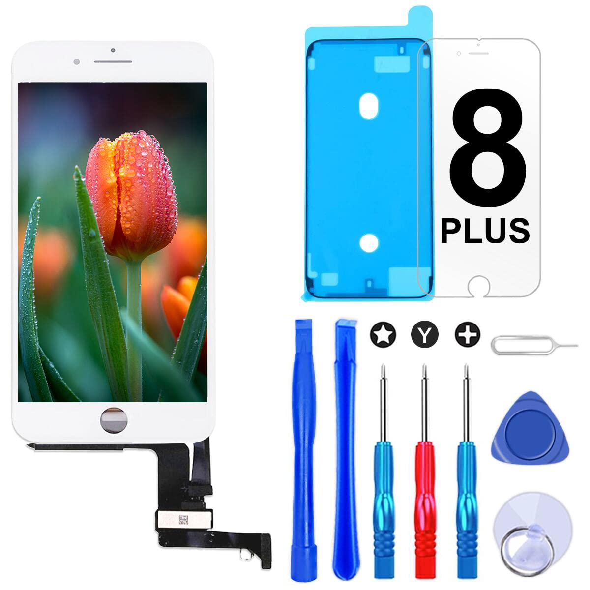 Photo 1 of Brinonac Screen Replacement for iPhone 8 Plus 5.5 inch LCD Digitizer Touch Screen LCD Replacement Screen Frame Assembly Full Set with Tools and Screen Protector (White)